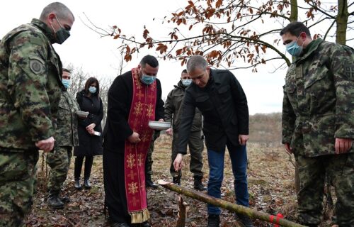 Ministar Stefanović rano jutros isekao badnjak, pa ga doneo do zgrade Ministarstva odbrane (FOTO+VIDEO)