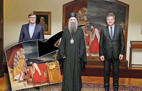 Šta TAČNO SIMBOLIŠE Predićeva slika? Patrijarh nije slučajno baš tu pozirao s Lajčakom i Palmerom (FOTO)